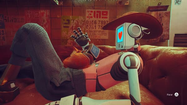 Stray: uno de los robots acariciando al gato Stray: uno de los robots acariciando al gato