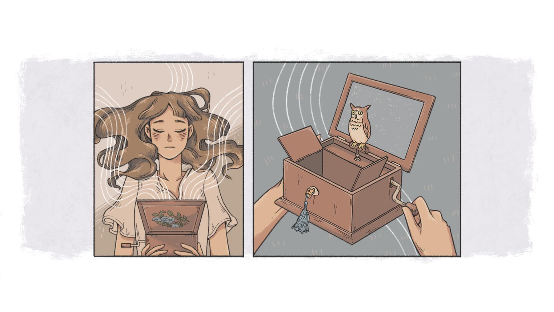 Eda disfrutando de una caja de música Eda disfrutando de una caja de música