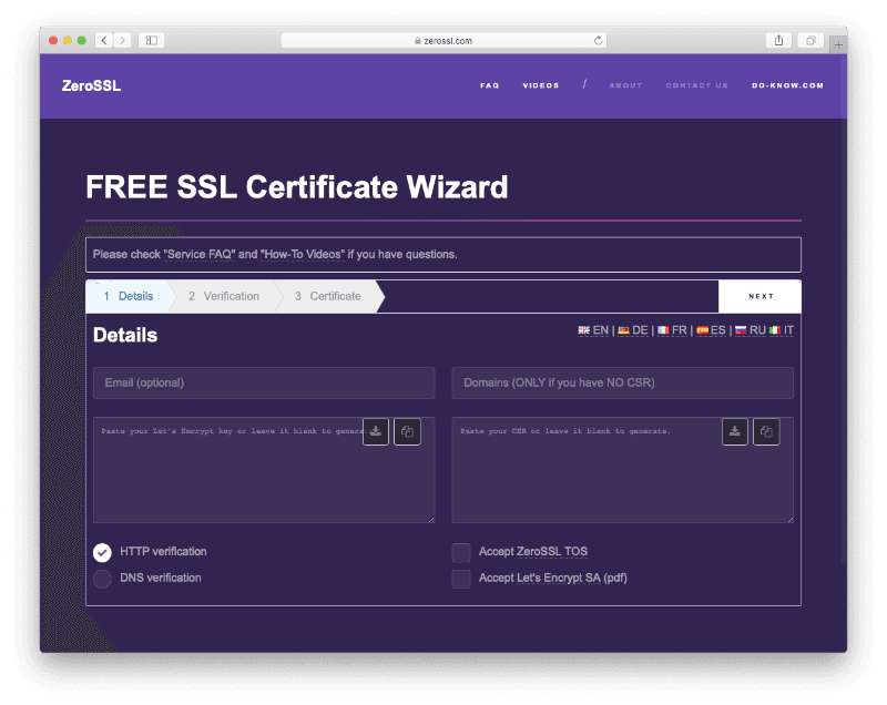 Captura de pantalla de ZeroSSL Captura de pantalla de ZeroSSL