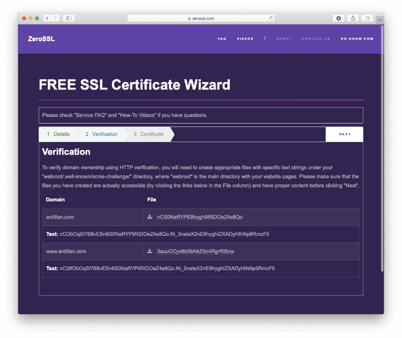 Captura de pantalla de ZeroSSL Captura de pantalla de ZeroSSL