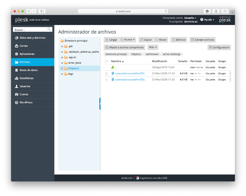 Captura de pantalla del panel Plesk Captura de pantalla del panel Plesk