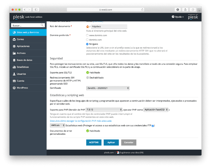 Captura de pantalla del panel Plesk Captura de pantalla del panel Plesk